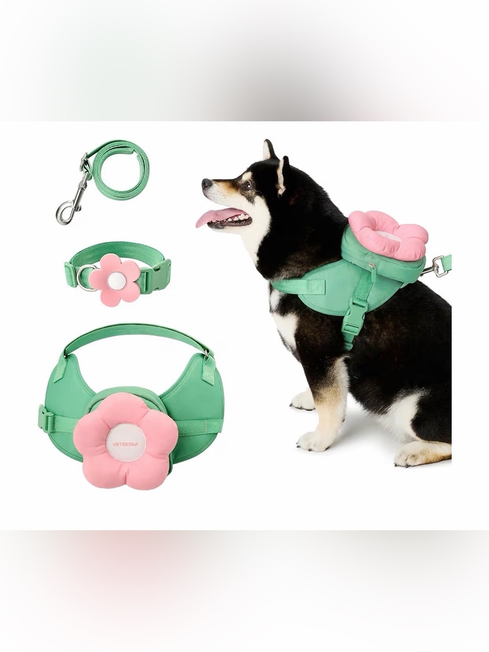 Xtra-Small VETRESKA Mint and Pink Flower Harness, Leash & Collar Set